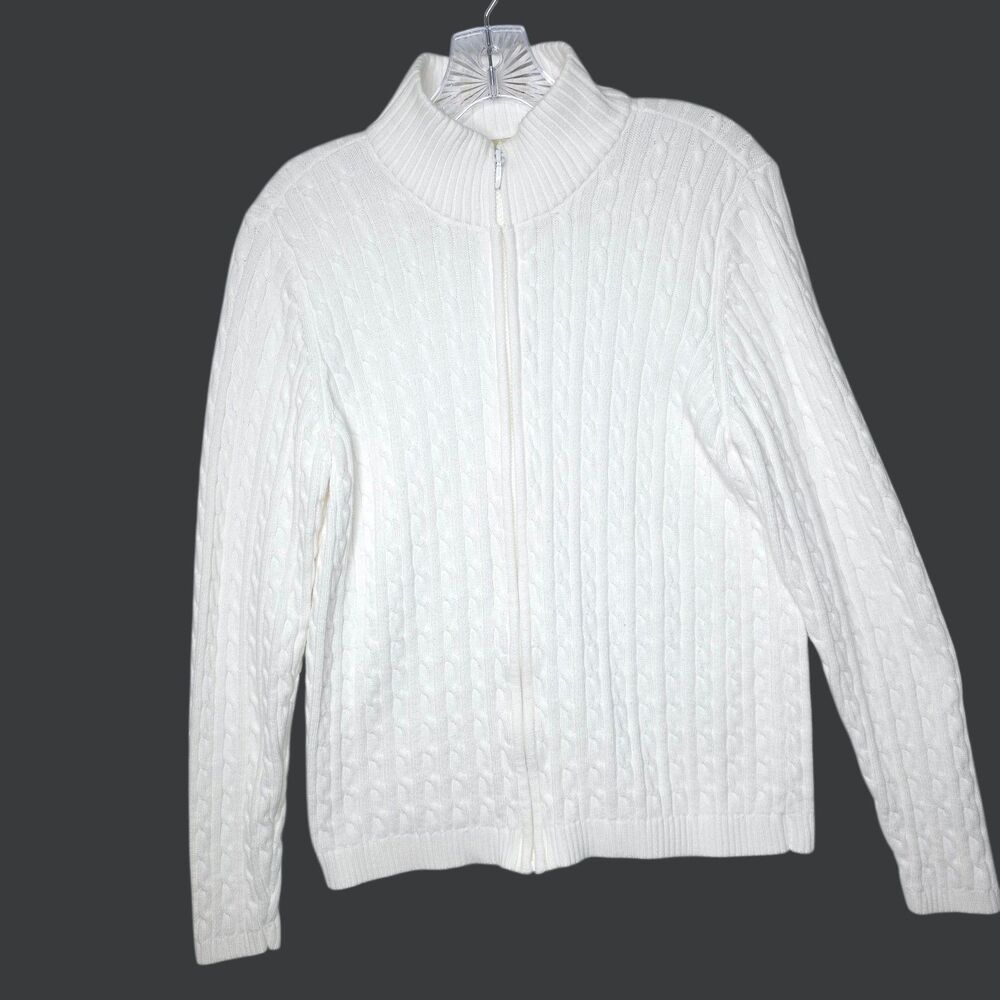 Cable Knit Full Zip Sweater Cardigan Women’s M White Mock Neck Cotton Outerwear